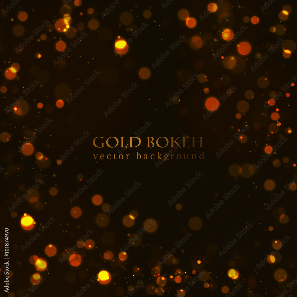 Poster Magic sparkle, gold dots on dark background. Vector bokeh effect. 