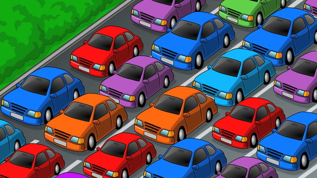 Cars moving slowly in traffic jam on the highway. Animated cartoon.