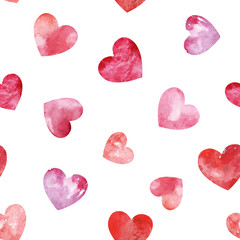 Seamless pattern with watercolor hearts. Background romantic design.