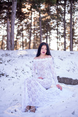 black-haired in white dress snow high key