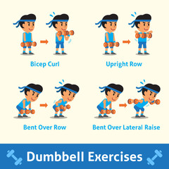 Cartoon set of a man doing dumbbell exercise step for health and fitness