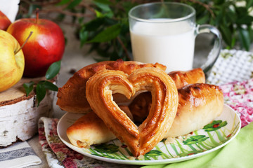 pies apple and jug of milk still life with a birch cut, apptitnaya home cooking