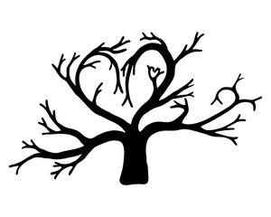 Silhouette of a tree in the shape of a heart. Isolated on white background.