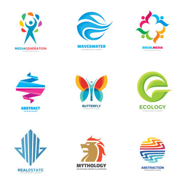 Logo vector set - creative illustrations. Logo collection. Vector logo design. Human, wave ecology, social media, butterfly, abstract, lion, real estate logo. Real estate logo. Vector logo template.