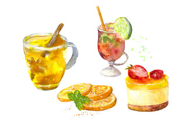 drinks and desserts / Watercolor painting. Can be used for postcards, prints and design      