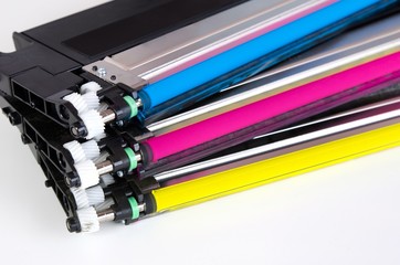 Toner cartridge set for laser printer. Computer supplies. - obrazy, fototapety, plakaty