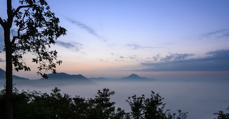 Sunrise landscape with sea of fog over Phu Thok Mountain at Chiang Khan ,Loei Province in Thailand