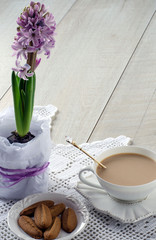 A Cup of coffee with milk, biscuits and hyacinth