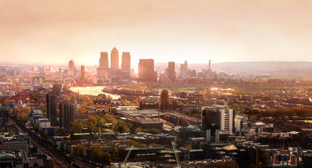 LONDON, UK - APRIL 22, 2015: Canary Wharf business and banking aria at sunset