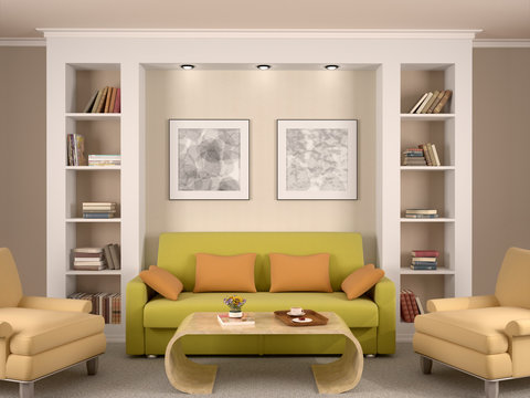 3d illustration of bright interior decorated living room with a
