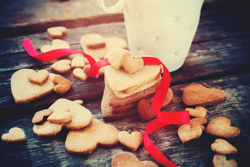 Cookies in the Shape Heart with Cup of Tea. Love concept