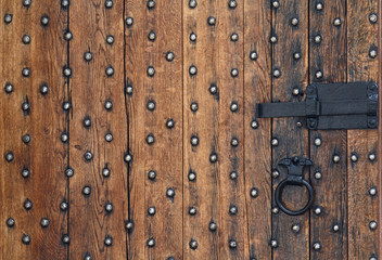 Old wooden door and a metal bolt. Backgrounds and textures