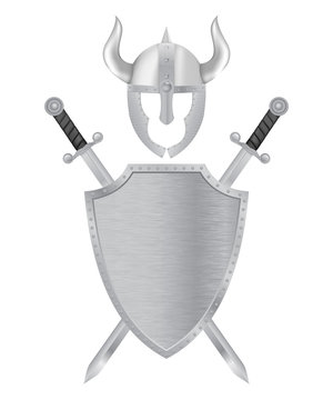 Helmet, swords and shield.