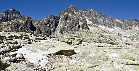 peaks above Teryho chata chalet on Mala Studena dolina valley in Vysoke Tatry mountains with clear sky