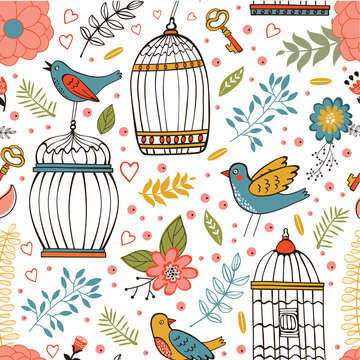 Elegant pattern with flowers, bird cages and birds