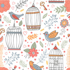 Elegant pattern with flowers, bird cages and birds