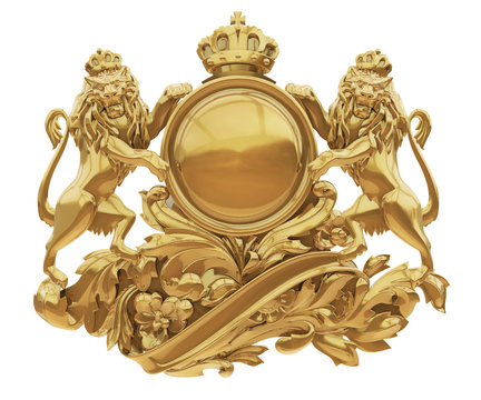 Old golden coat of arms with lions isolate