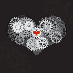 Heart as a mechanism made of cogs and gears. Vector Illustration  of steampunk heart. Valentines day card with sign on ornate background