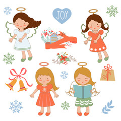 Cute Christmas collection with happy angels and Christmas elements