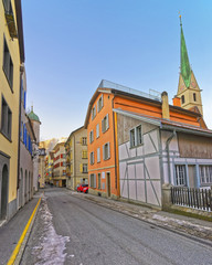 Street view on Chur Old Town and Mountains in winter