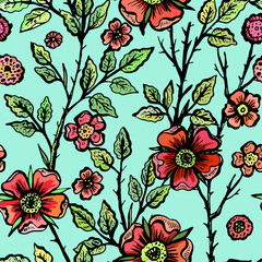 Hand drawn dog-rose seamless pattern