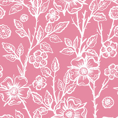 Hand drawn dog-rose silhouette floral seamless pattern