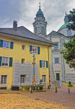 Fountain and St Ursus Cathedral in the Old Town of Solothurn