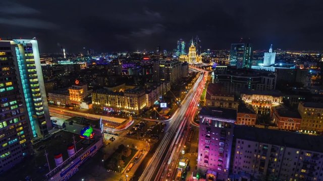 Night hight view in Moscow, Timlapse on a skyscraper rooftops
