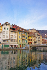 Old Houses and bridge on Embankment in Thun Old Town