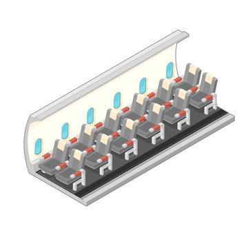 An isometric vector illustration of an aircraft interior.
Interior cabinof a passenger jet plane.
Interior of a passenger jet plane with seating and oval windows.
