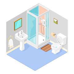 Isometric Bathroom vector interior with shower.
Domestic family shower and bathroom.