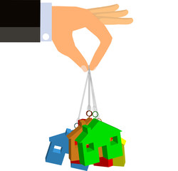 Naklejka premium Affordable Housing (Vector). An illustration of a man in suit's extended hand dangling a set of housing units suspended on strings.