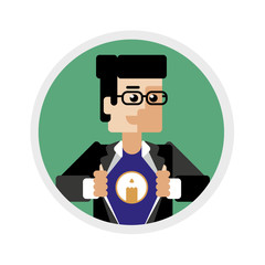 Office worker in a suit and a t-shirt with a logo of the company 