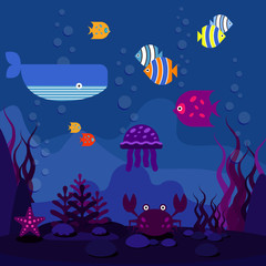 Underwater world. Ocean or sea, fish in aquarium and whale,  vector illustration