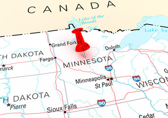 Red Thumbtack Over Minnesota State USA Map - obrazy, fototapety, plakaty