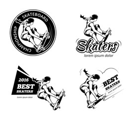 Vintage skateboarding labels, logos and badges vector set. Skateboard emblem, extreme urban illustration