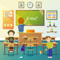 Kids cleaning classroom. Cleaning blackboard, cleaning class, cleaning chalkboard, boy sweeping. Vector illustration