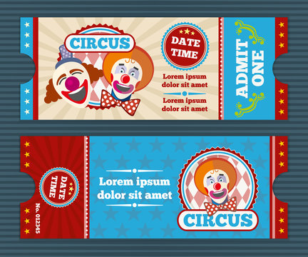 Circus ticket vector template. Circus invitation coupon, clown circus, card pass to circus illustration