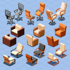 Chair and armchair isometric vector set. Chair interior armchair furniture, isometric chair, seat armchair business or home illustration