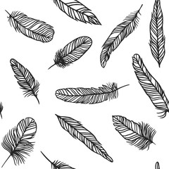 Boho feather hand drawn effect vector style seamless pattern illustration