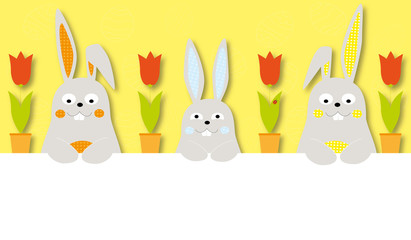Cute Easter banner with cartoon happy Easter  bunnies , tulips  and yellow background  / vectors for children 
