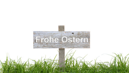 Holzschild mit Gras - Frohe Ostern