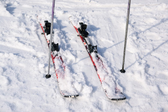 Ski equipments on ski run.