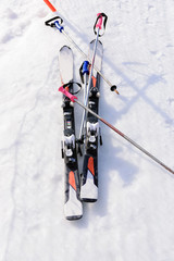 Ski equipments on ski run.