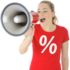 Frau in Sale Shirt und Megaphon brüllt Sonderangebot, Rabatt, Angebot und Räumungsverkauf