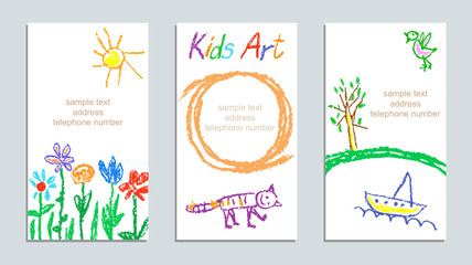 Set of wax crayon kid`s drawn colorful cards with hand drawing flowers, cat, sun, tree, ship on white. Hand drawn art background. Child`s painting pastel chalk lines and design elements, vector.
