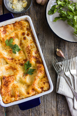 traditional italian lasagna in casserole dish - obrazy, fototapety, plakaty