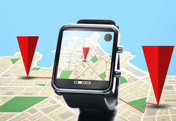 close up of smartwatch with navigator map