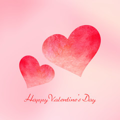 Happy Valentines Day. Watercolor colorful red hearts on romantic soft blur red background.