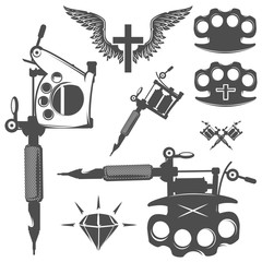 Set of tattoo elements and tattoo machines. 